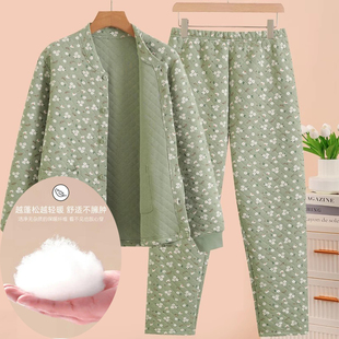 开襟夹棉家居服妈妈棉衣棉裤 中老年女士纯棉保暖内衣套装 宽松大码