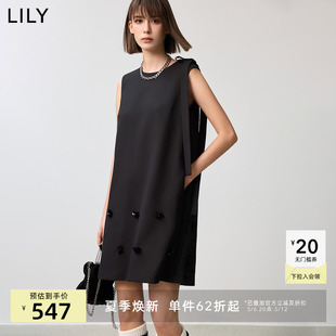 【小黑裙系列】LILY2025春新款女装圆领无袖亮片钉花黑色连衣裙女