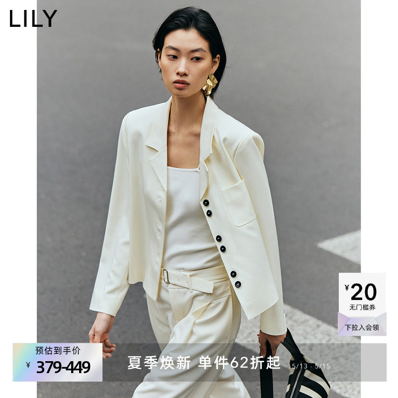 LILY2025春新款气质设计感撞色休闲米白色西装外套女短款小个子