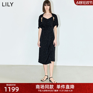 【商场同款】LILY2024夏别致短袖小坎肩立裁式吊带小黑裙连衣裙