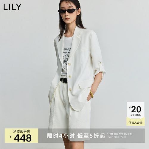 LILY2025夏新款女装莱赛尔亚麻休闲职业通勤七分袖白色西装外套