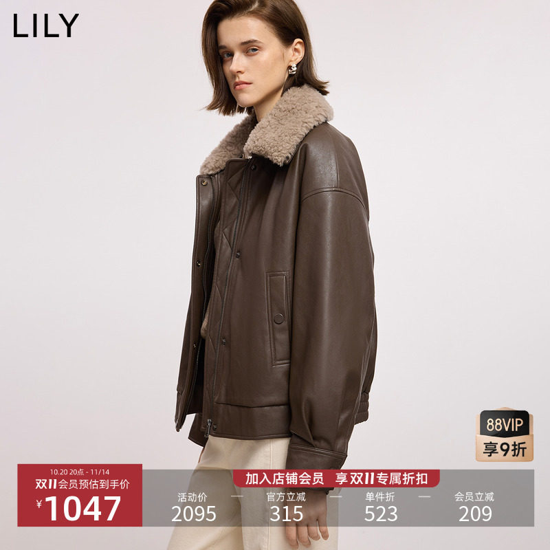 LILY2025冬新款羊毛混纺翻领复古PU皮休闲90鸭绒羽绒服外套女短款