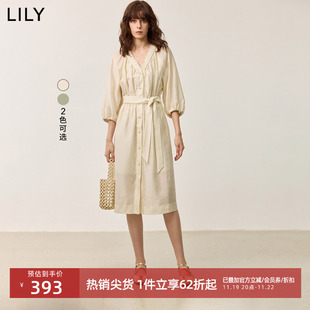 LILY2024秋新款女装莱赛尔含醋酸微光泽抽褶V领收腰系带连衣裙女