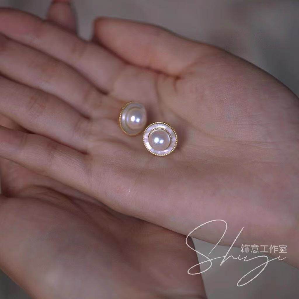 SHIYI自制天然淡水珍珠法式复古赫本风圆圈耳钉S925银针高级感