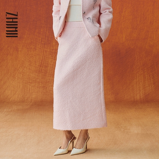 肌理羊毛呢后开衩优雅一步裙半裙粉色 26新春新品 ZHIMII识弥
