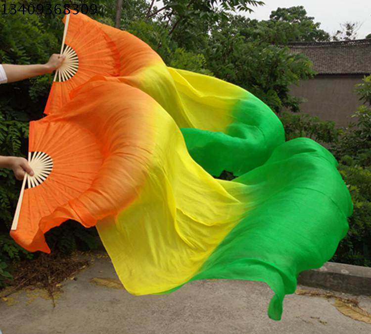 真丝舞蹈扇肚皮舞双扇儿童长绸扇成人秧歌广场健身渐变色跳舞扇子