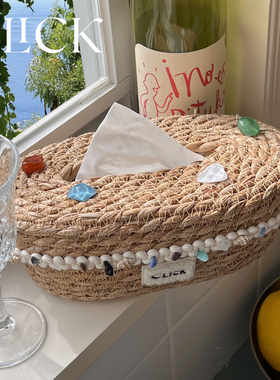 click家居自制草编纸巾盒天然草编织筐桌面抽纸装饰盒海洋风点缀