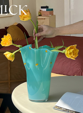 click北欧波浪大口径玻璃花瓶花器装饰摆件家居客厅装饰手工彩色