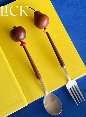 click苹果&梨子餐叉餐勺可爱原创设计食用级不锈钢勺子实木柄餐具