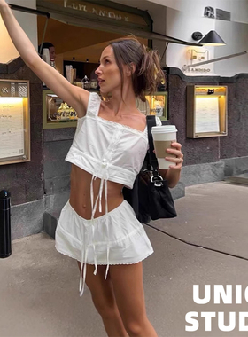 欧美ins博主同款辣妹上身蕾丝花边系带短款露脐小背心+短裙裤套装