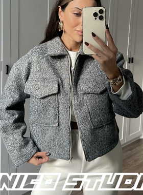 欧美ins博主上身通勤OL老钱风灰色翻领宽松拉链毛呢夹克外套上衣
