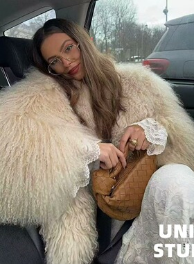 欧美ins博主辣妹上身毛茸茸人造皮草仿皮草翻领系扣大衣外套上衣