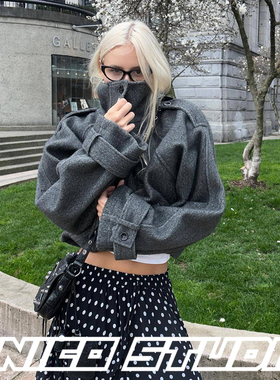 欧美ins博主上身气质老钱风高级感毛呢立领夹克宽松短款外套上衣