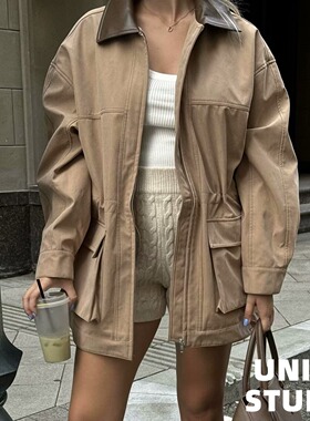 美式复古工装中性风翻领大口袋宽松百搭保暖夹克上衣中长款外套