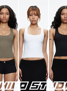 欧美ins爆款Tankair风U领立体收腰纯色裸感修身短款显瘦无袖背心