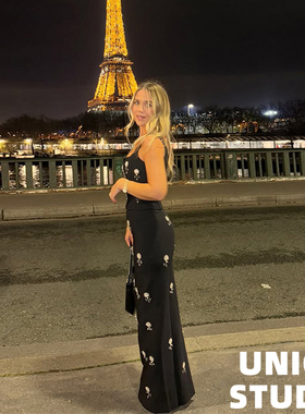 欧美ins博主辣妹上身闪亮晚宴黑色水钻吊带+高腰包臀长裙 两件套