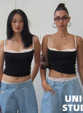 欧美ins博主上身Y2K辣妹蕾丝拼接细肩带修身短款显瘦小吊带