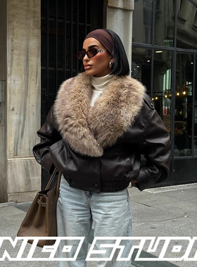 超大毛领！欧美ins博主毛绒绒PU皮荔枝纹超酷机车夹克上衣外套