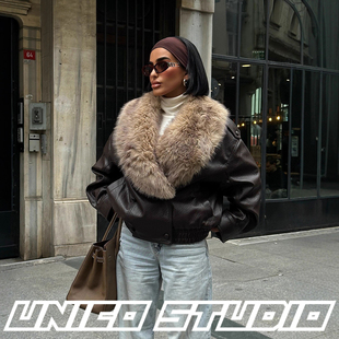 超大毛领！欧美ins博主毛绒绒PU皮荔枝纹超酷机车夹克上衣外套