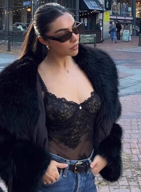 欧美ins博主上身辣妹人造仿皮草毛绒毛毛短款夹克外套大衣 黑色