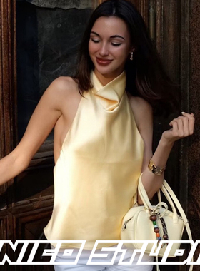 欧美ins博主上身辣妹风缎面百搭高领显瘦修身无袖挂脖背心上衣