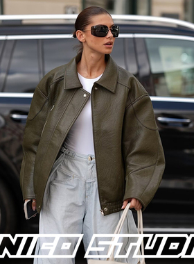 欧美ins博主街拍上身复古军绿色PU皮宽松机车夹克外套上衣