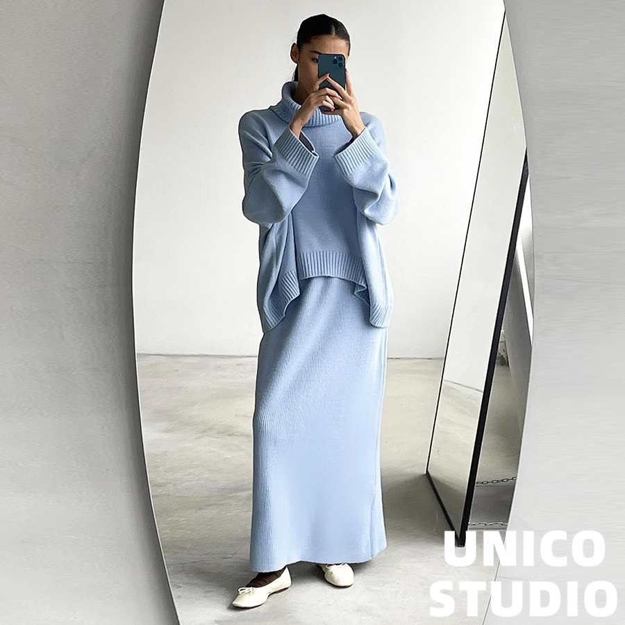 慵懒温暖感高领毛衣+针织长裙