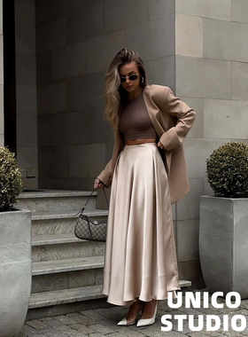 欧美ins博主辣妹上身高级感气质绸缎高腰显瘦垂感冷感半身裙长裙