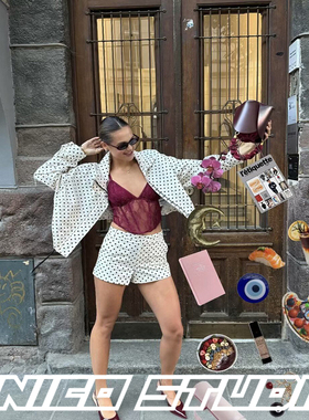 欧美ins博主上身复古波点泡泡纱立领款式夹克上衣+短款两件套套装