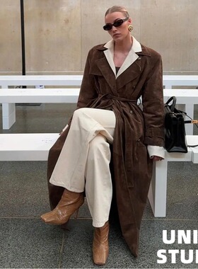 美拉德色系！欧美ins博主上身设计感翻领腰带中长款大衣风衣外套