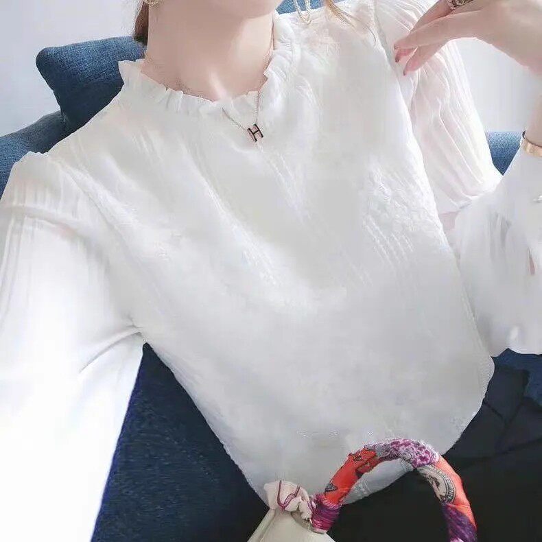 白色雪纺衬衫女长袖春秋款宽松设计感小众气质打底衫衬衣上衣