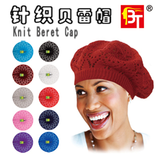 Beret 针织镂空钩花贝雷帽包头帽针织帽女帽子Knit Cap