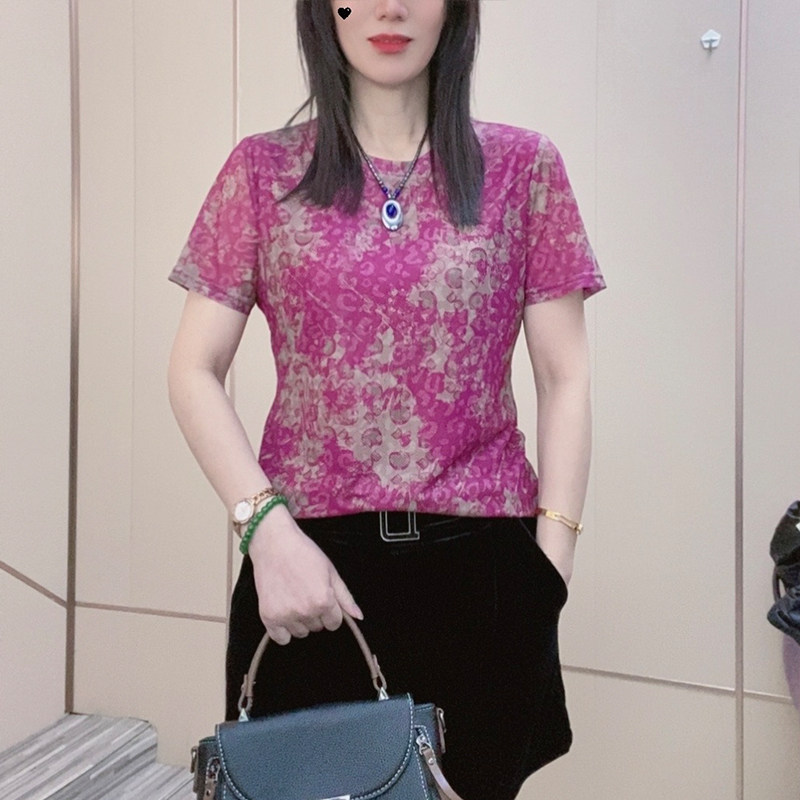 2026夏季新款女装圆领紫罗兰短袖女t恤肌肤纱轻薄透气上衣宽松T恤图片
