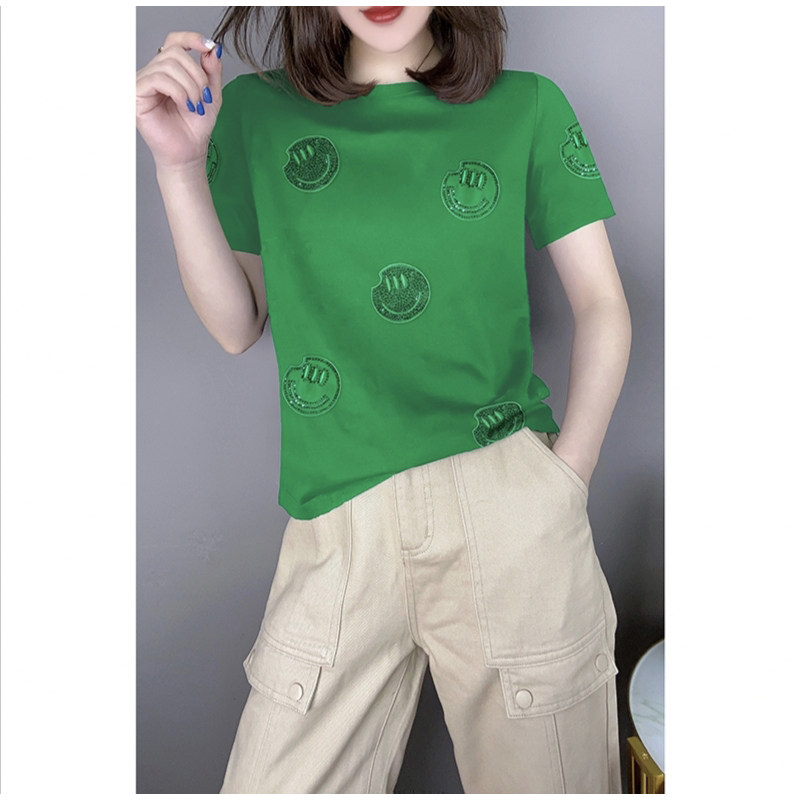 欧洲站2025夏季新款绿色笑脸刺绣圆领短袖t恤上衣女宽松纯棉小衫T