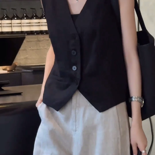 设计感小众无袖背心亚麻透气开衫女士夏季舒适款简约休闲显瘦外穿