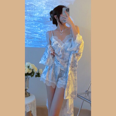 性感冰丝睡衣女带胸垫吊带三件套