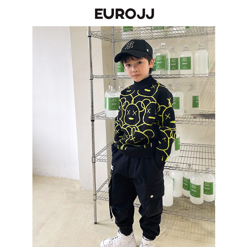 欧恰恰童装中性款高领针织衫冬季新款儿童时尚拼色卡通毛衣上衣