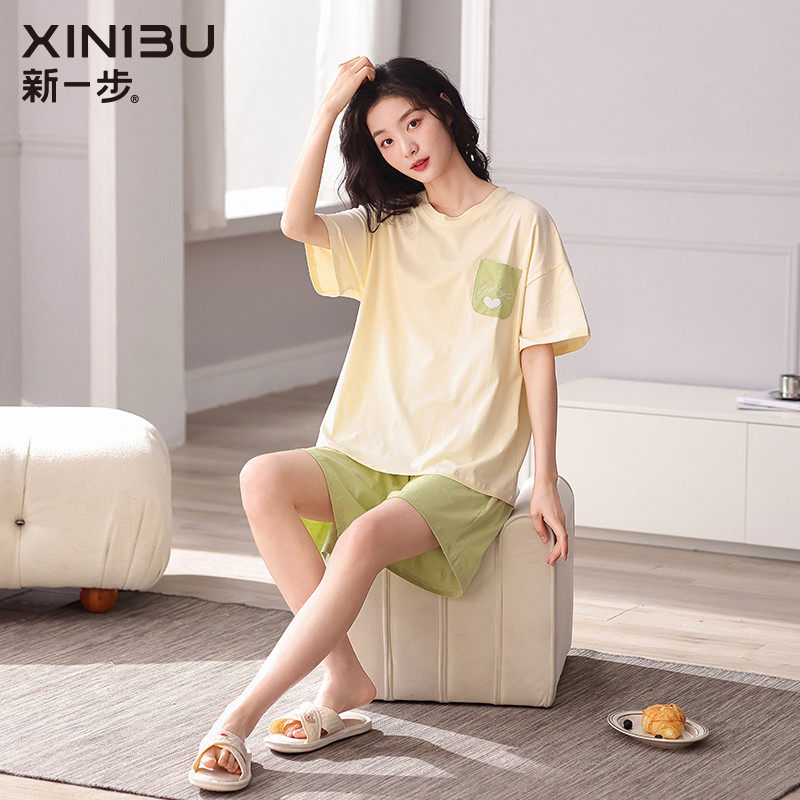 新一步短袖短裤睡衣女夏天莱卡棉薄夏季可外穿家居服套装纯棉新款