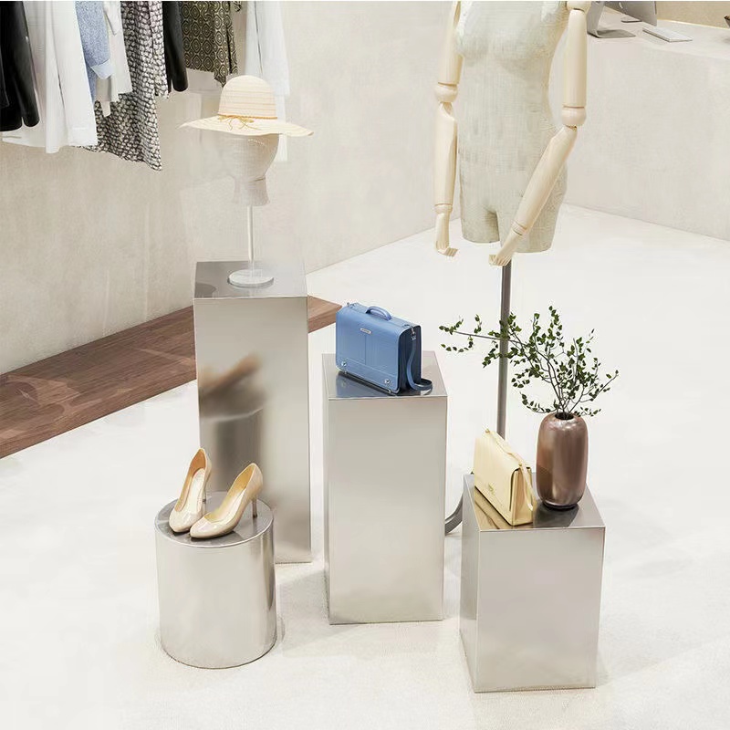 服装店陈列台商品橱窗装饰展台不锈钢拉丝流水台鞋包中岛台高低桌,商业/办公家具,展示地台/底座,淘宝优惠券,粉丝福利购,淘宝优惠卷