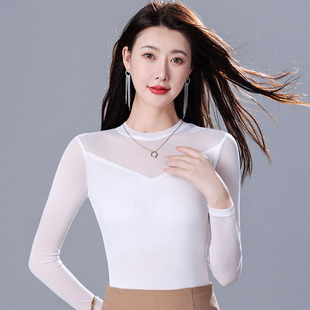 小圆领网纱打底衫性感微透上衣女士t恤秋冬内搭修身长袖2025新款