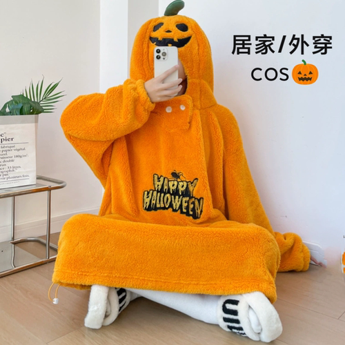 万圣节学生搞怪南瓜睡衣cos装可爱加绒厚睡袍女秋冬连体家居服男