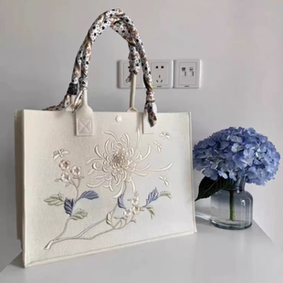 高颜值刺绣毛毡托特包大容量广告礼品收纳袋国风刺绣商务定制log