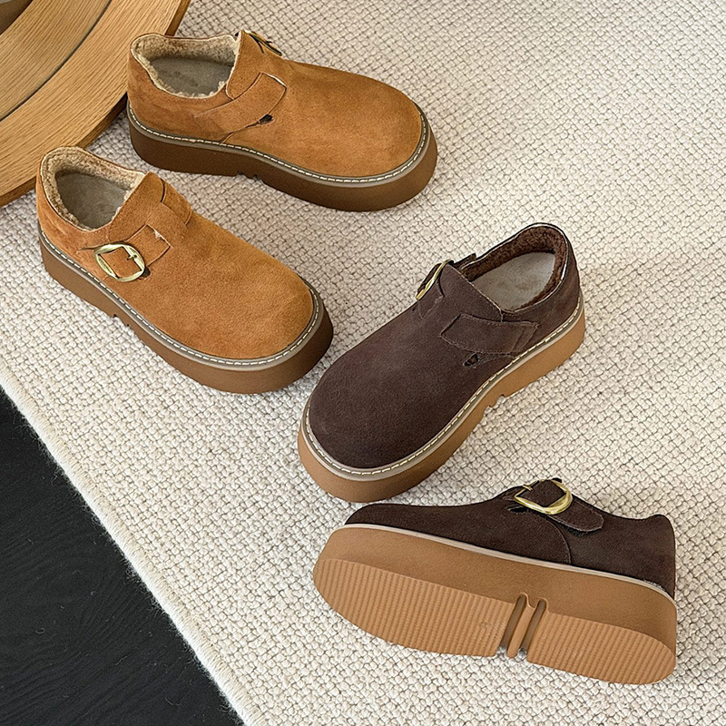 小个子厚底增高棉鞋女2025冬新款真皮舒适加绒保暖休闲搭扣博肯鞋