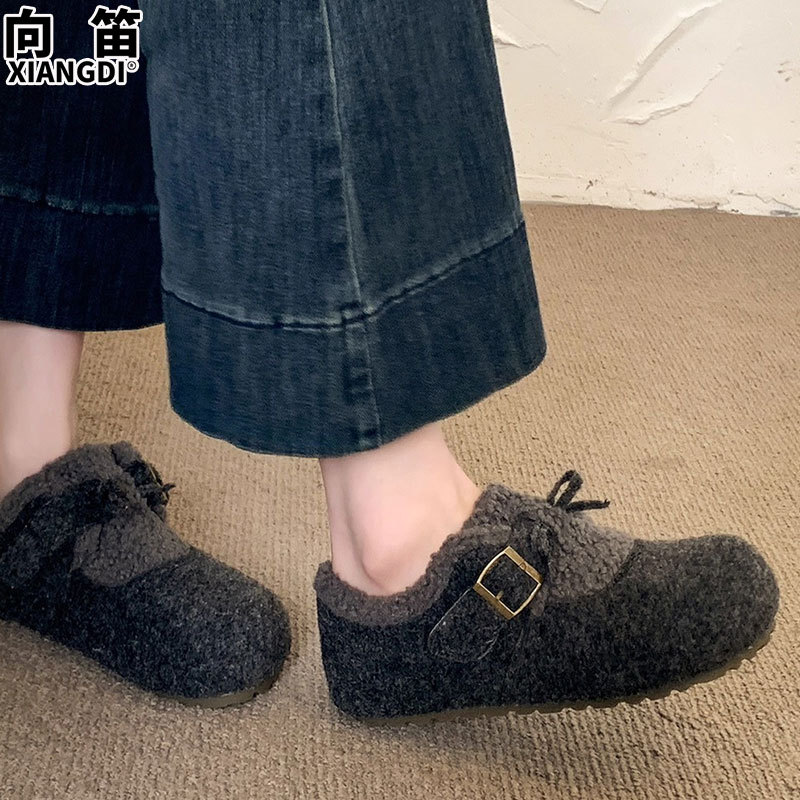 羊呢绒灰色玛丽珍鞋子女全包勃肯鞋加绒加厚保暖棉鞋羊羔毛毛鞋子