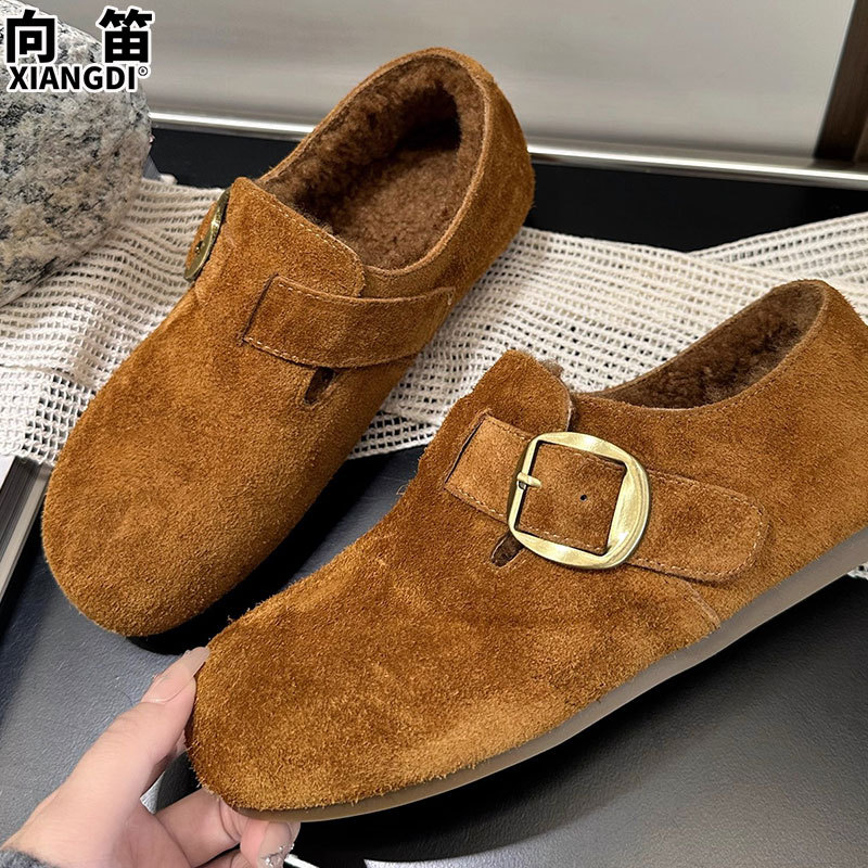 牛皮版复古全包勃肯鞋子女鞋加绒保暖棉鞋一脚蹬软底乐福鞋豆豆鞋