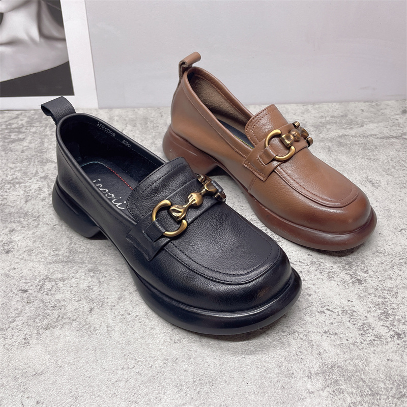 2023新款头层牛皮乐福鞋女厚底