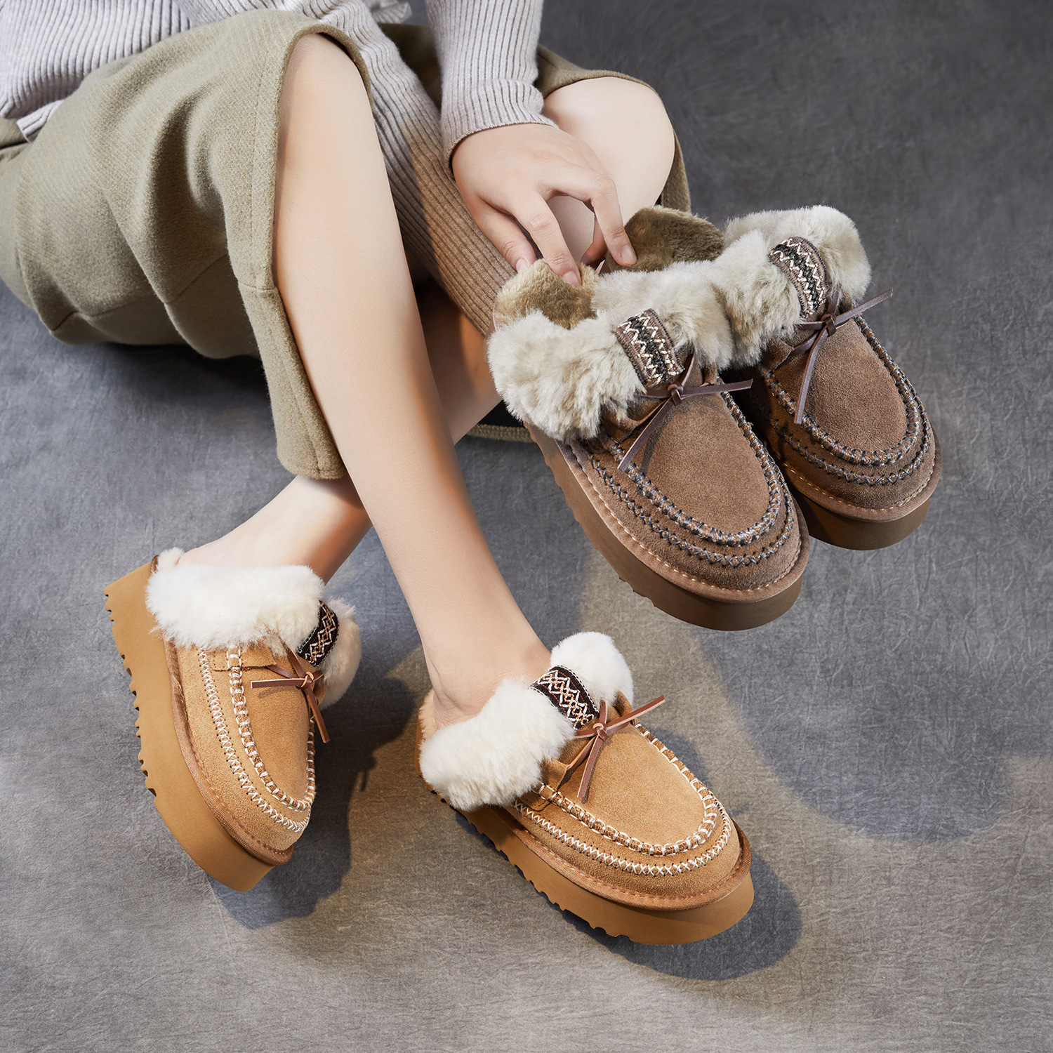 2025冬季新款毛毛鞋勃肯鞋真皮羊毛雪地靴厚底加绒女外穿毛口