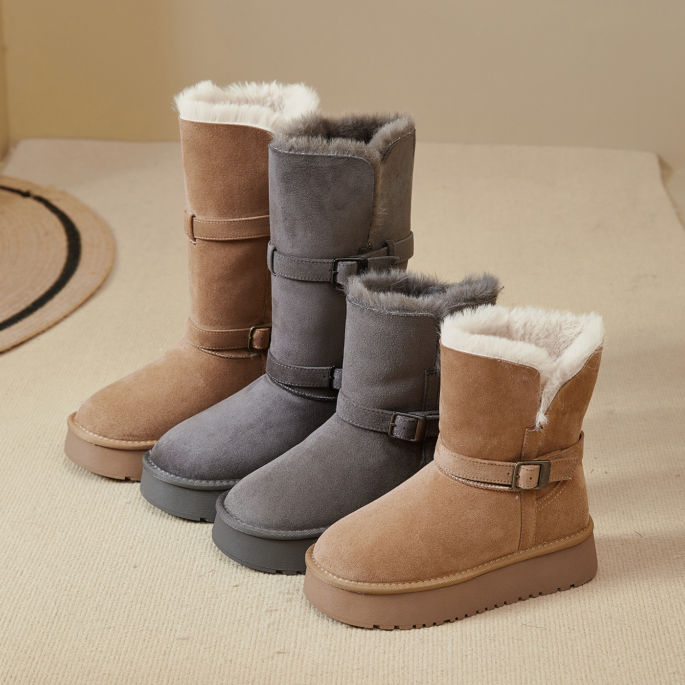 长筒雪地靴女厚底2025冬季新款加绒加厚毛毛翻边两穿东北保暖棉鞋