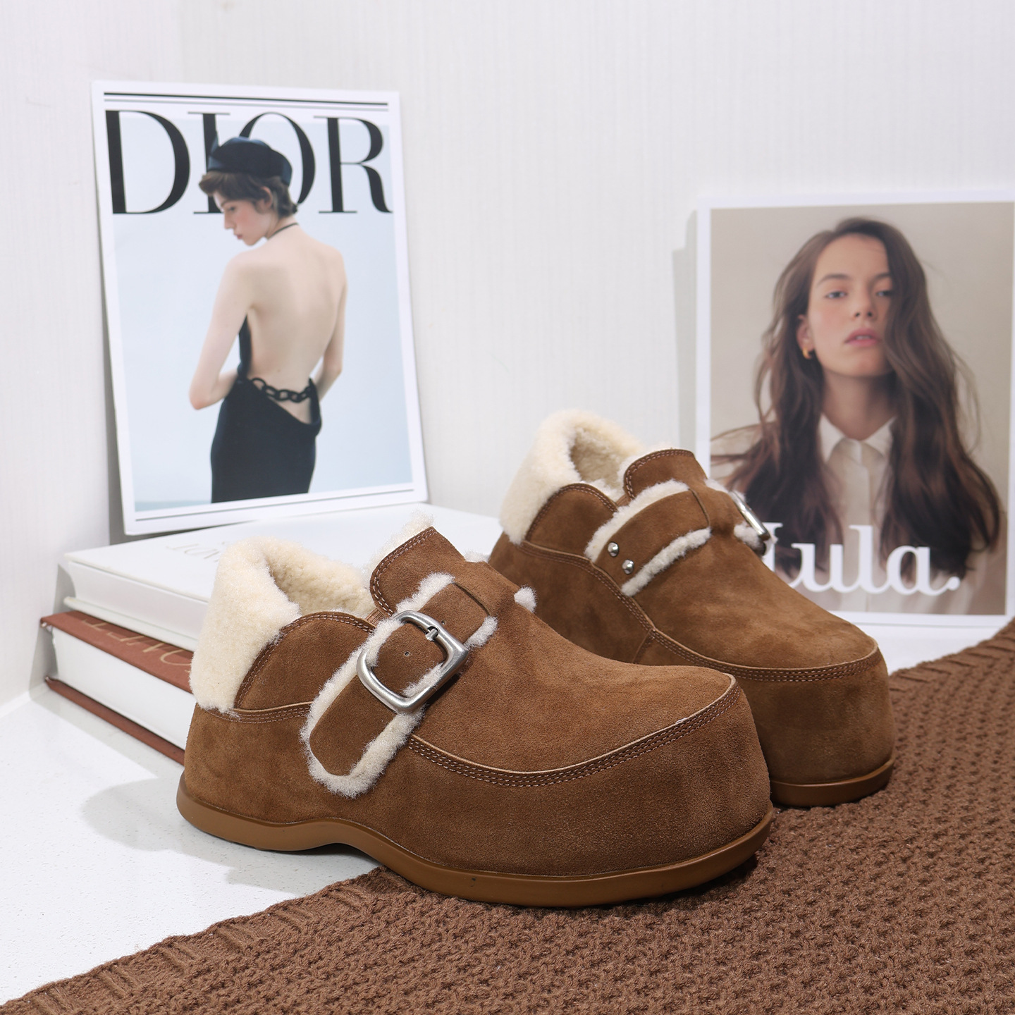 真皮羊羔毛勃肯棉鞋女2025冬季厚底增高加绒保暖毛毛鞋雪地靴小众