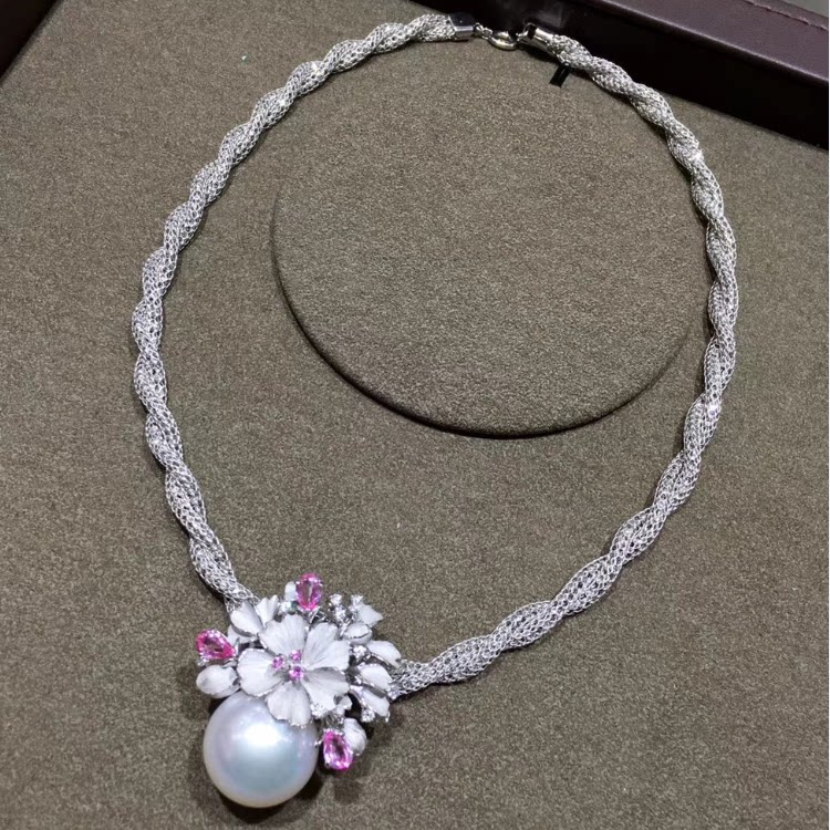 18k金钻石粉蓝宝石17-18mm天然南洋白色海水大珍珠豪华晚宴项链